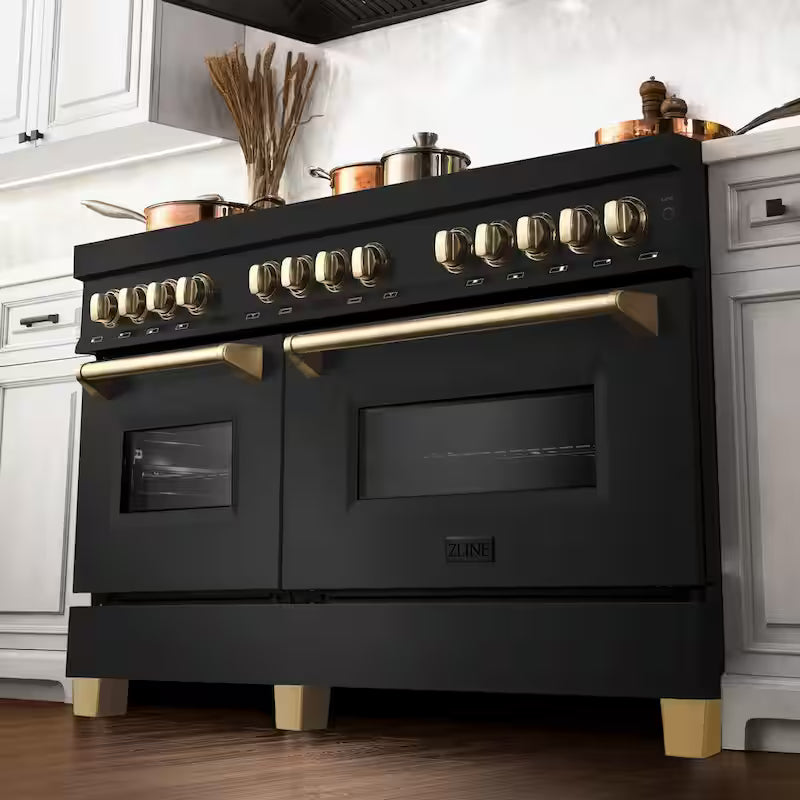 60 in. 9 Burner Double Oven Dual Fuel Range in Black Stainless Steel and Polished Gold Z804