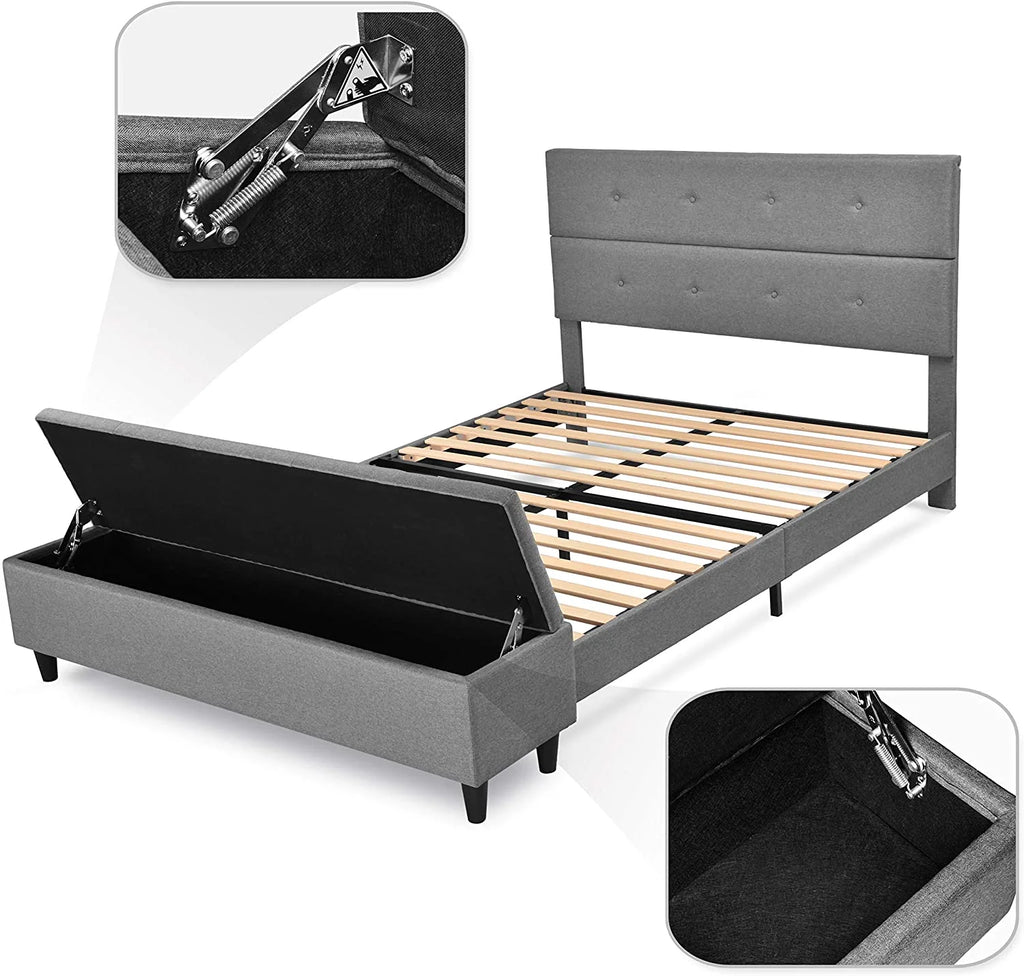 Queen Platform Bed Frame with Storage Ottoman Bench & Headboard Gray J229
