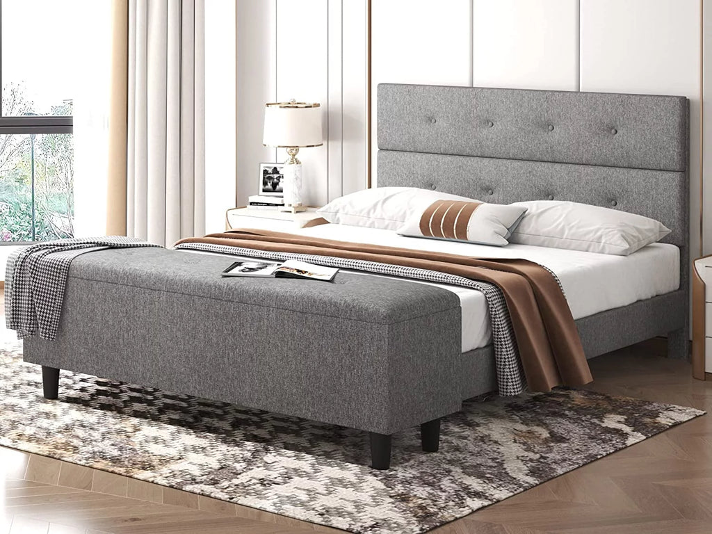 Queen Platform Bed Frame with Storage Ottoman Bench & Headboard Gray J229