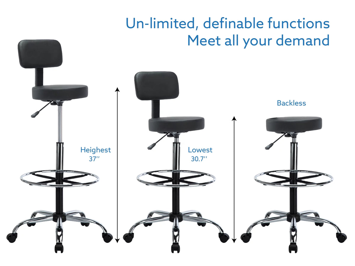 Black Faux Leather Drafting Stool with Backrest and Rolling Wheels Z689